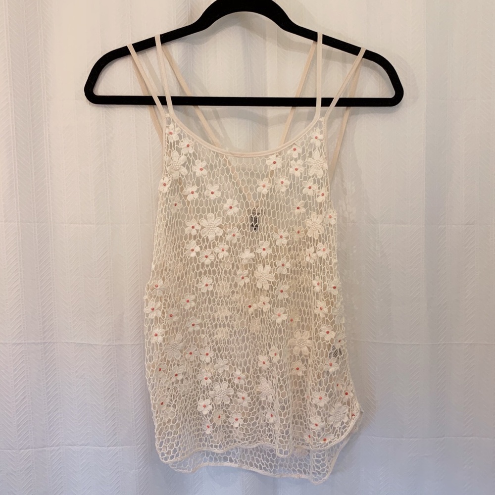 Ecote Cream Netted Flowers Tank - Size Small